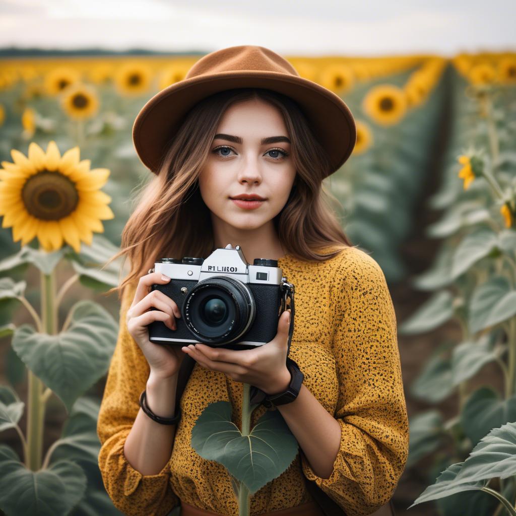 A stunning image of stylish young lady with a camera in a sunflower field.