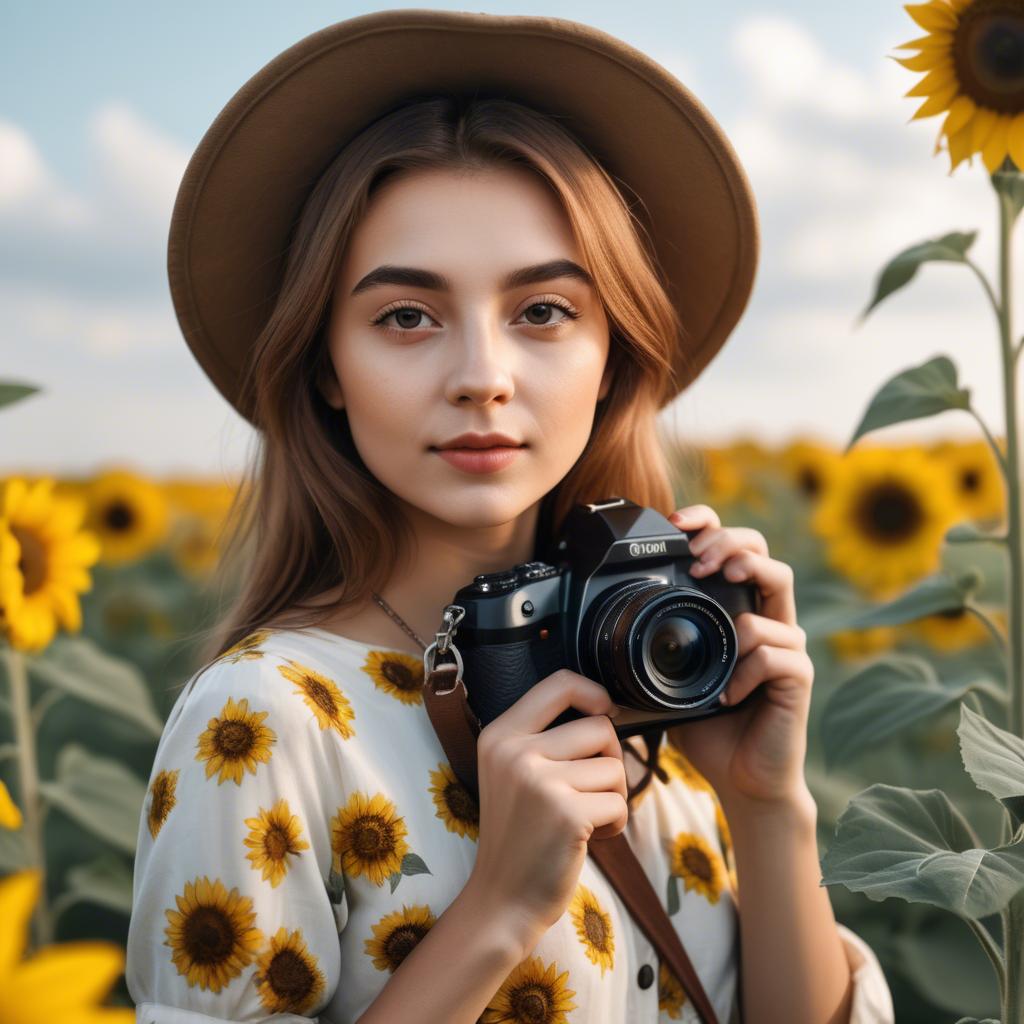 A stunning image of stylish young lady with a camera in a sunflower field.
