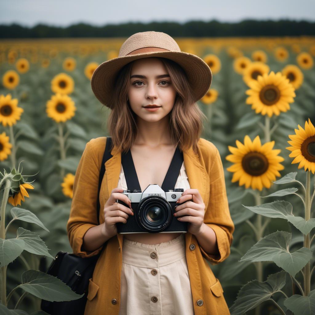 A stunning image of stylish young lady with a camera in a sunflower field.