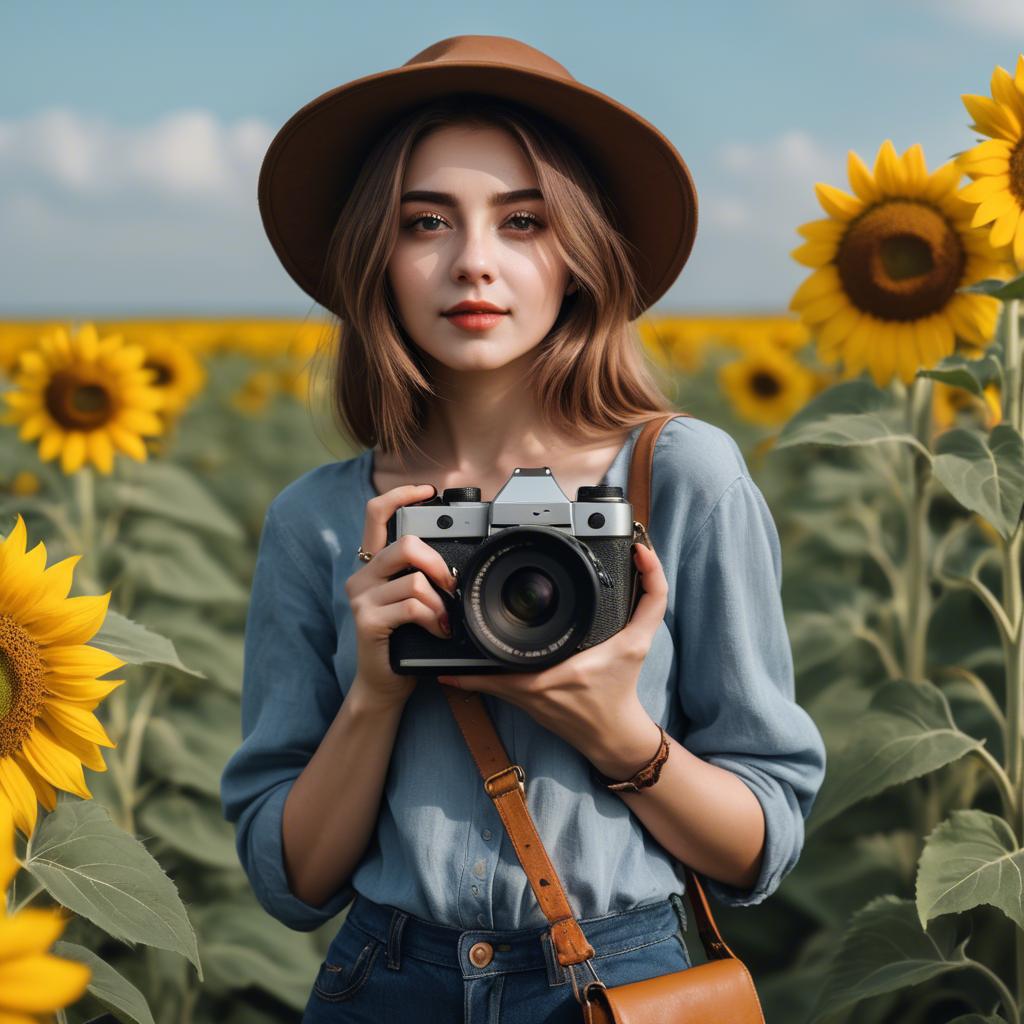 A stunning image of stylish young lady with a camera in a sunflower field.