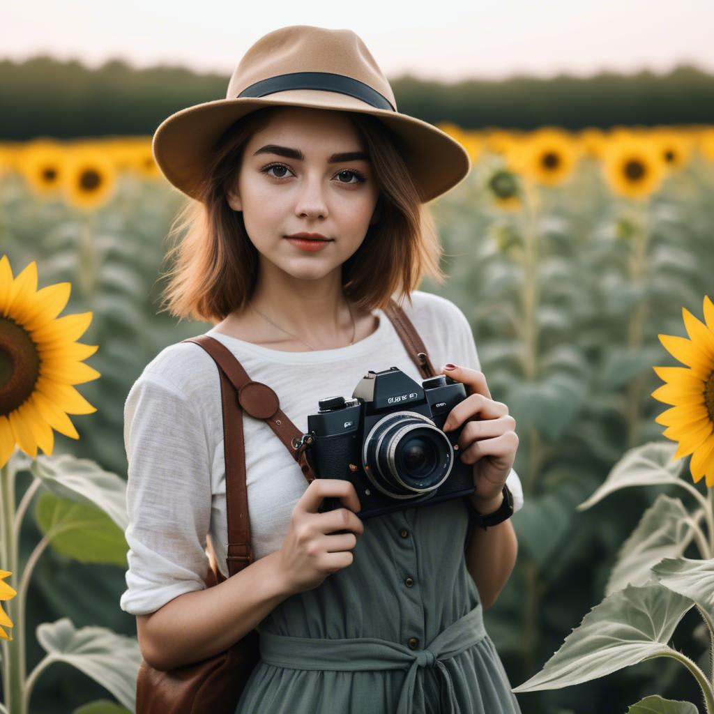 A stunning image of stylish young lady with a camera in a sunflower field.