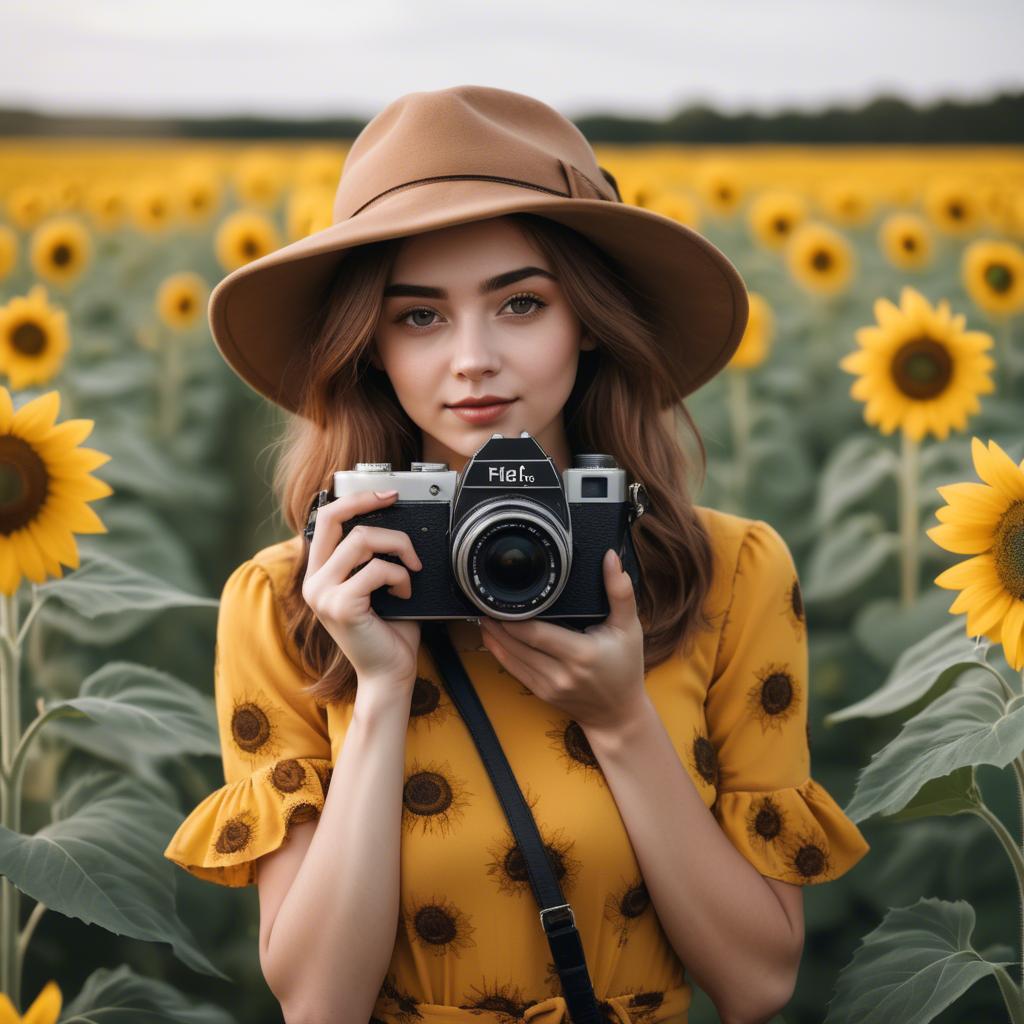 A stunning image of stylish young lady with a camera in a sunflower field.