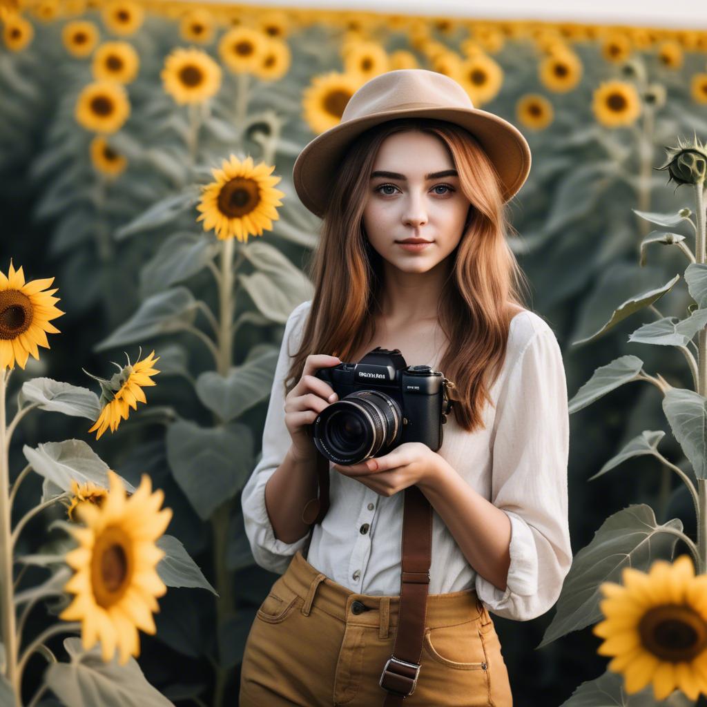 A stunning image of stylish young lady with a camera in a sunflower field.
