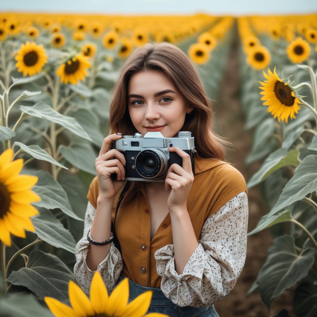A stunning image of stylish young lady with a camera in a sunflower field.