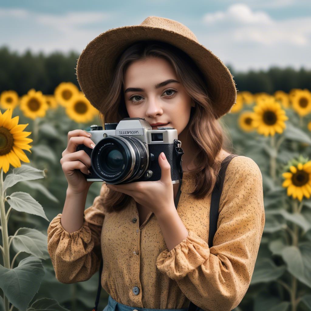 A stunning image of stylish young lady with a camera in a sunflower field.
