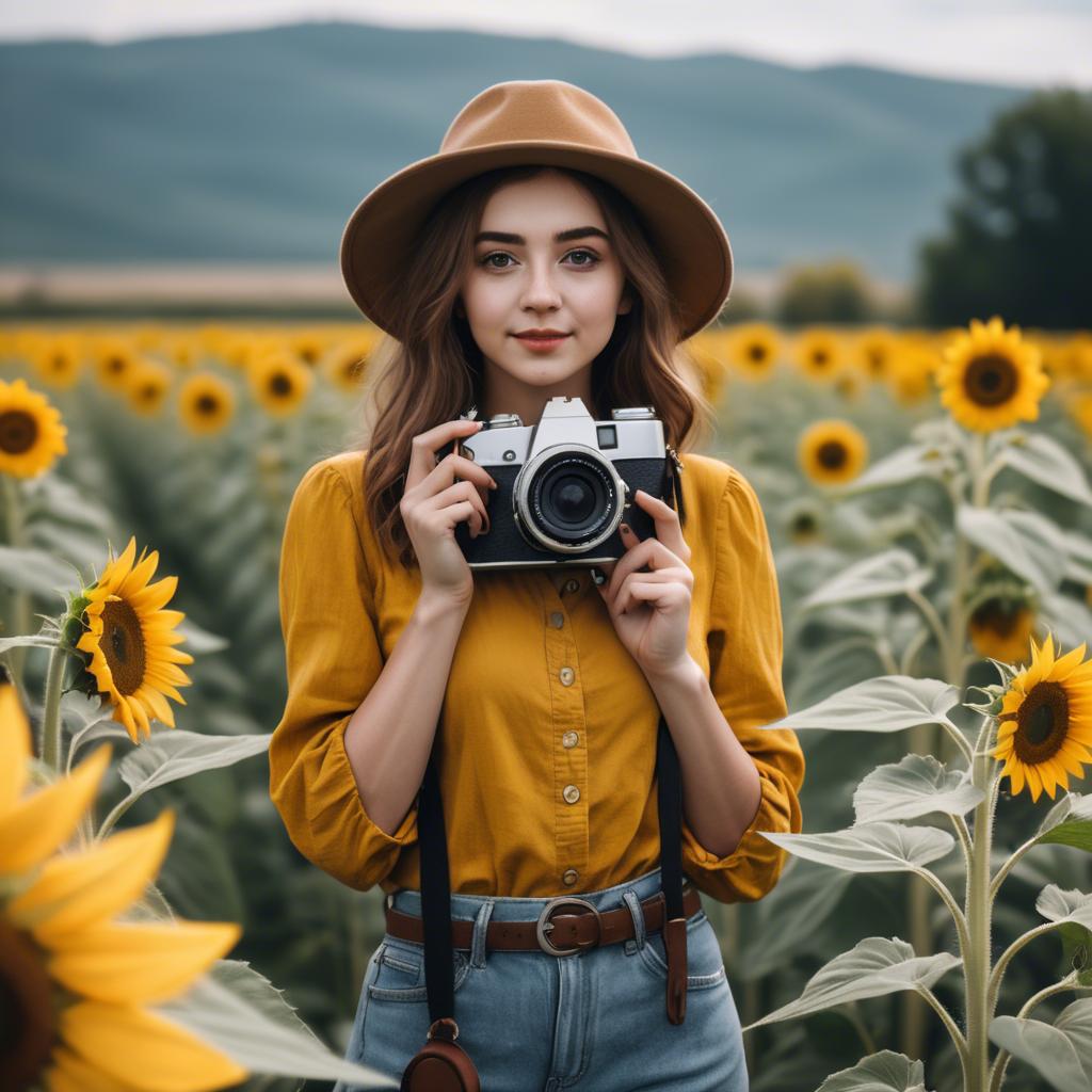 A stunning image of stylish young lady with a camera in a sunflower field.