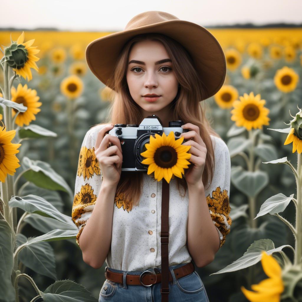 A stunning image of stylish young lady with a camera in a sunflower field.