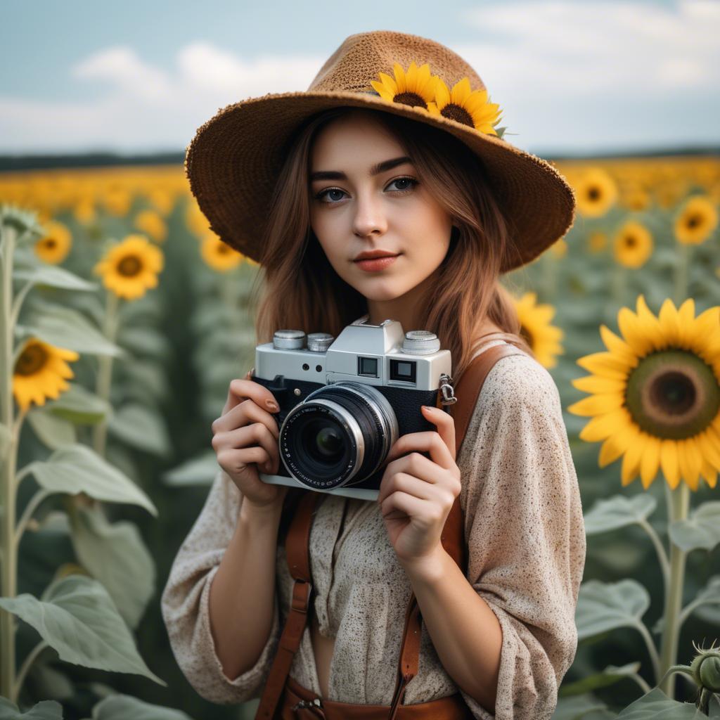 A stunning image of stylish young lady with a camera in a sunflower field.