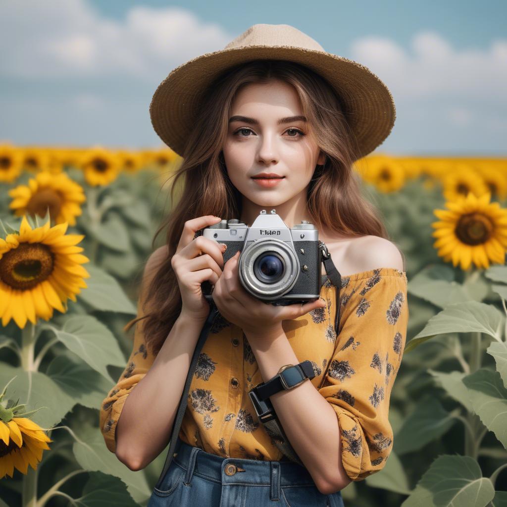 A stunning image of stylish young lady with a camera in a sunflower field.