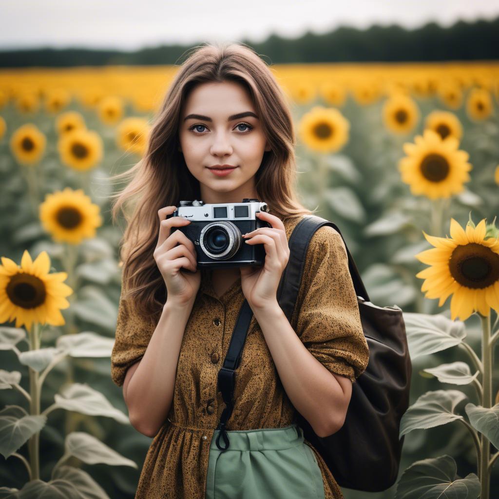 A stunning image of stylish young lady with a camera in a sunflower field.