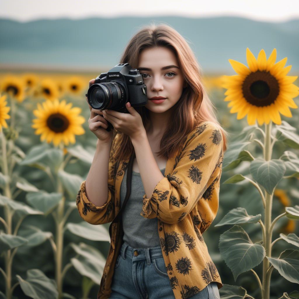 A stunning image of stylish young lady with a camera in a sunflower field.