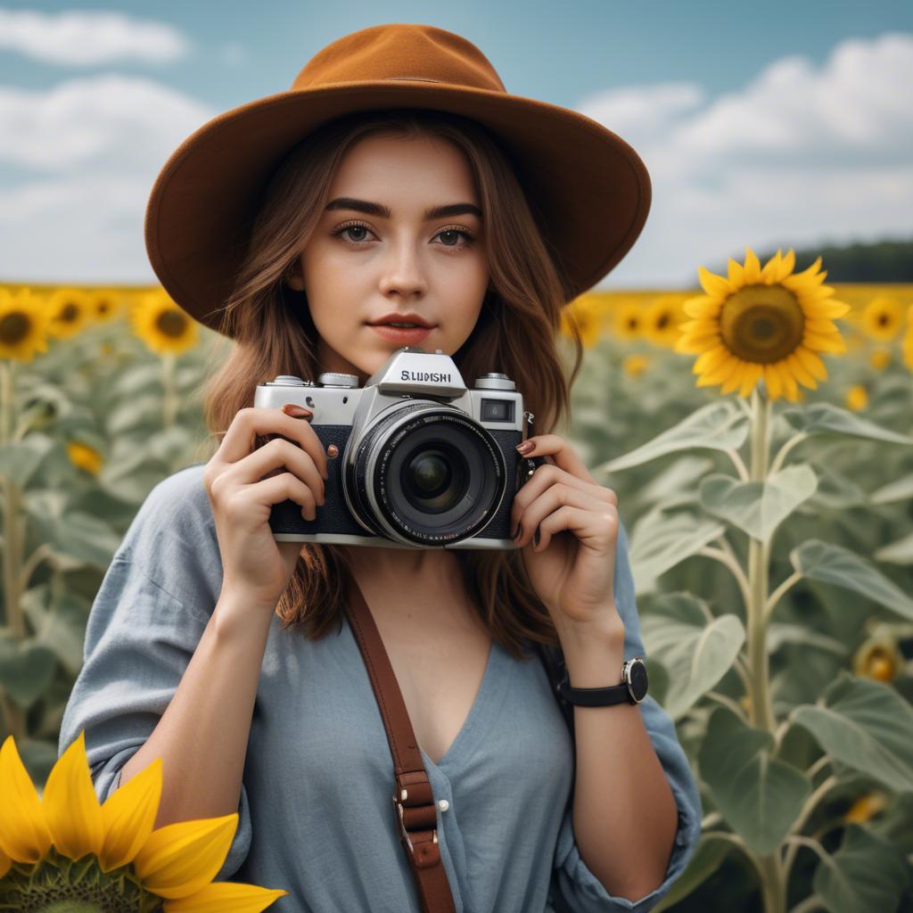 A stunning image of stylish young lady with a camera in a sunflower field.