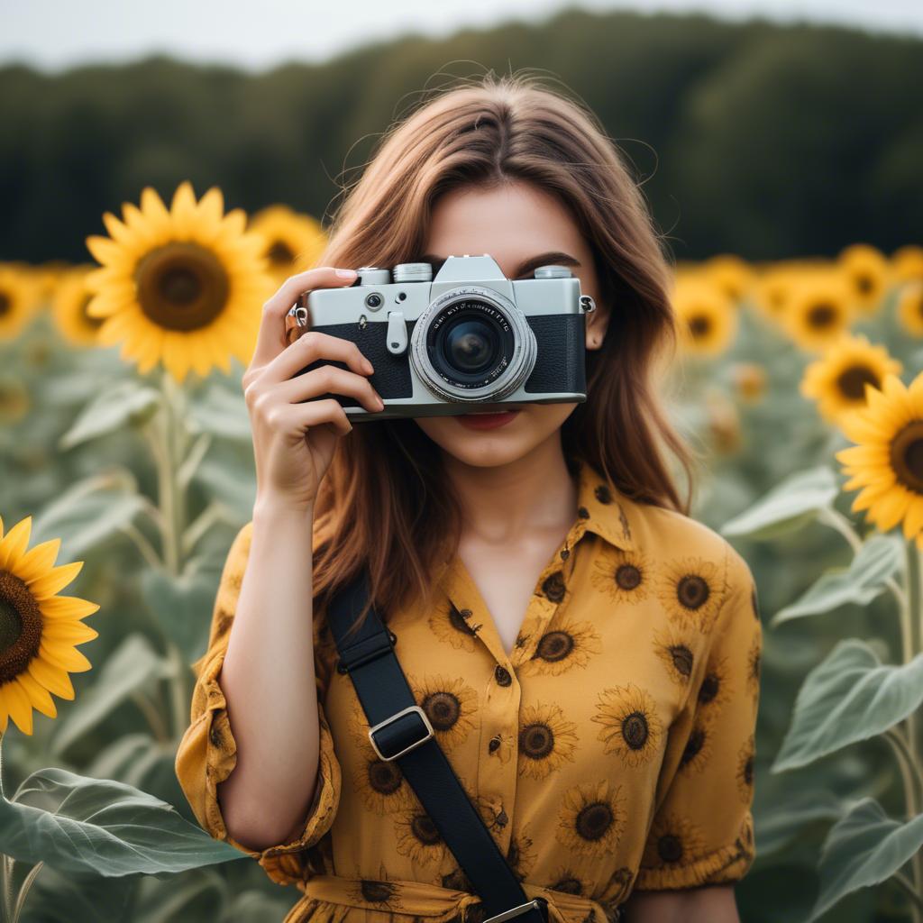 A stunning image of stylish young lady with a camera in a sunflower field.