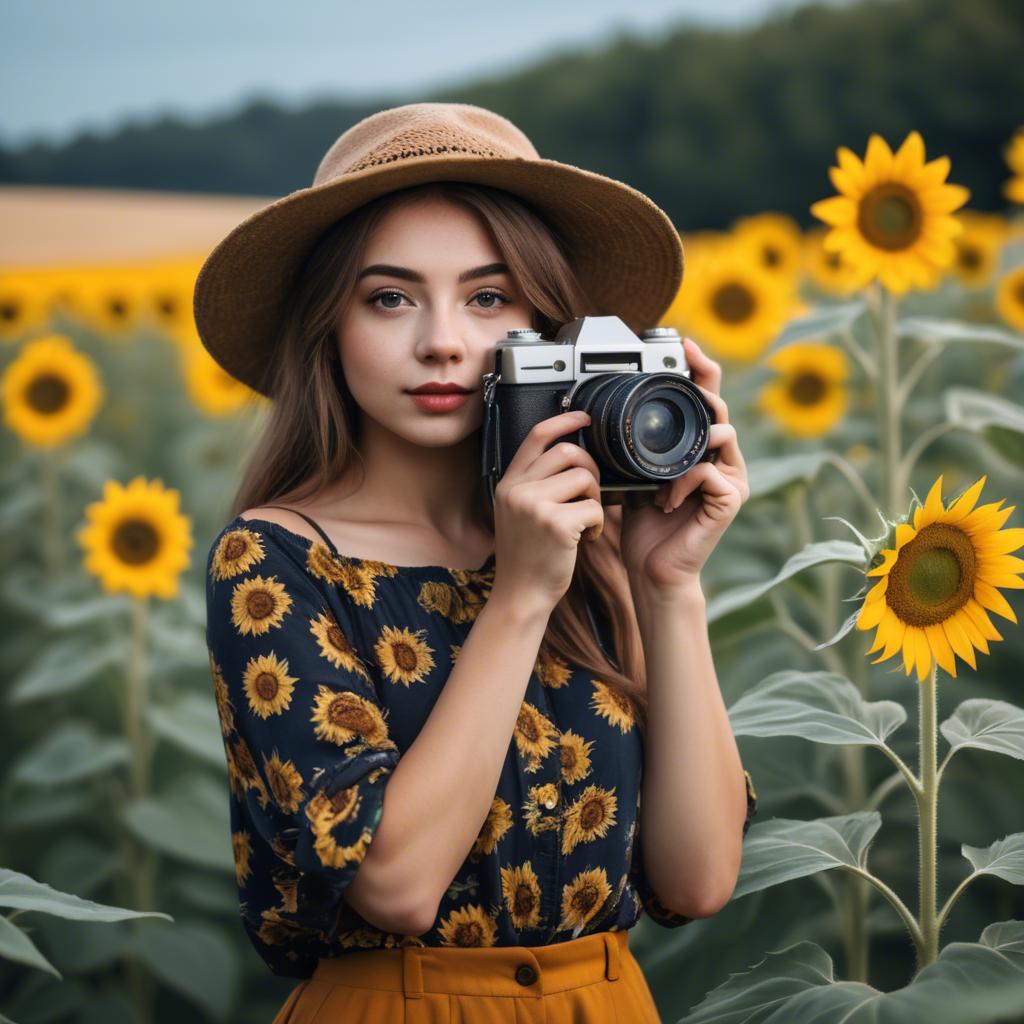 A stunning image of stylish young lady with a camera in a sunflower field.