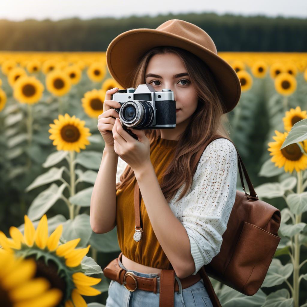 A stunning image of stylish young lady with a camera in a sunflower field.