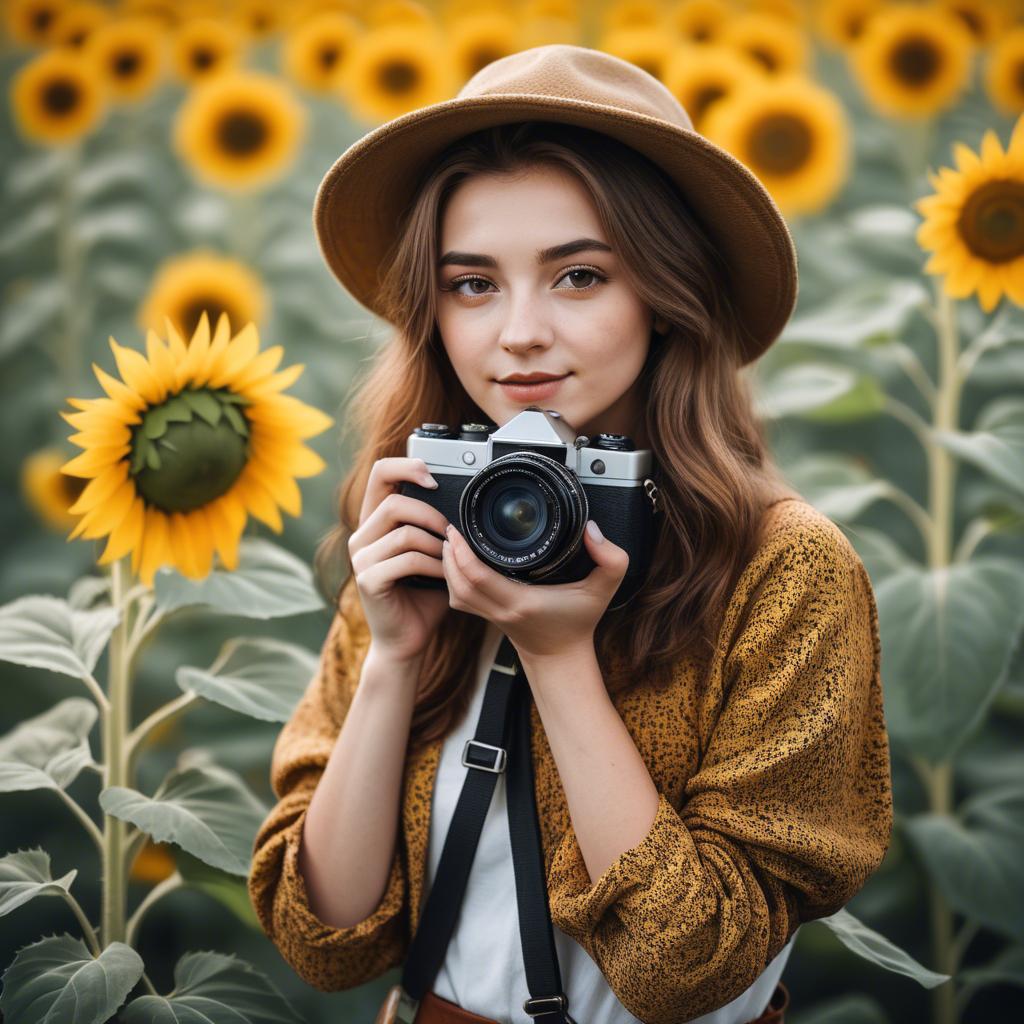 A stunning image of stylish young lady with a camera in a sunflower field.