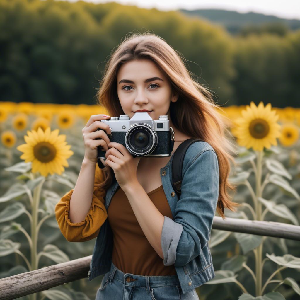 A stunning image of stylish young lady with a camera in a sunflower field.
