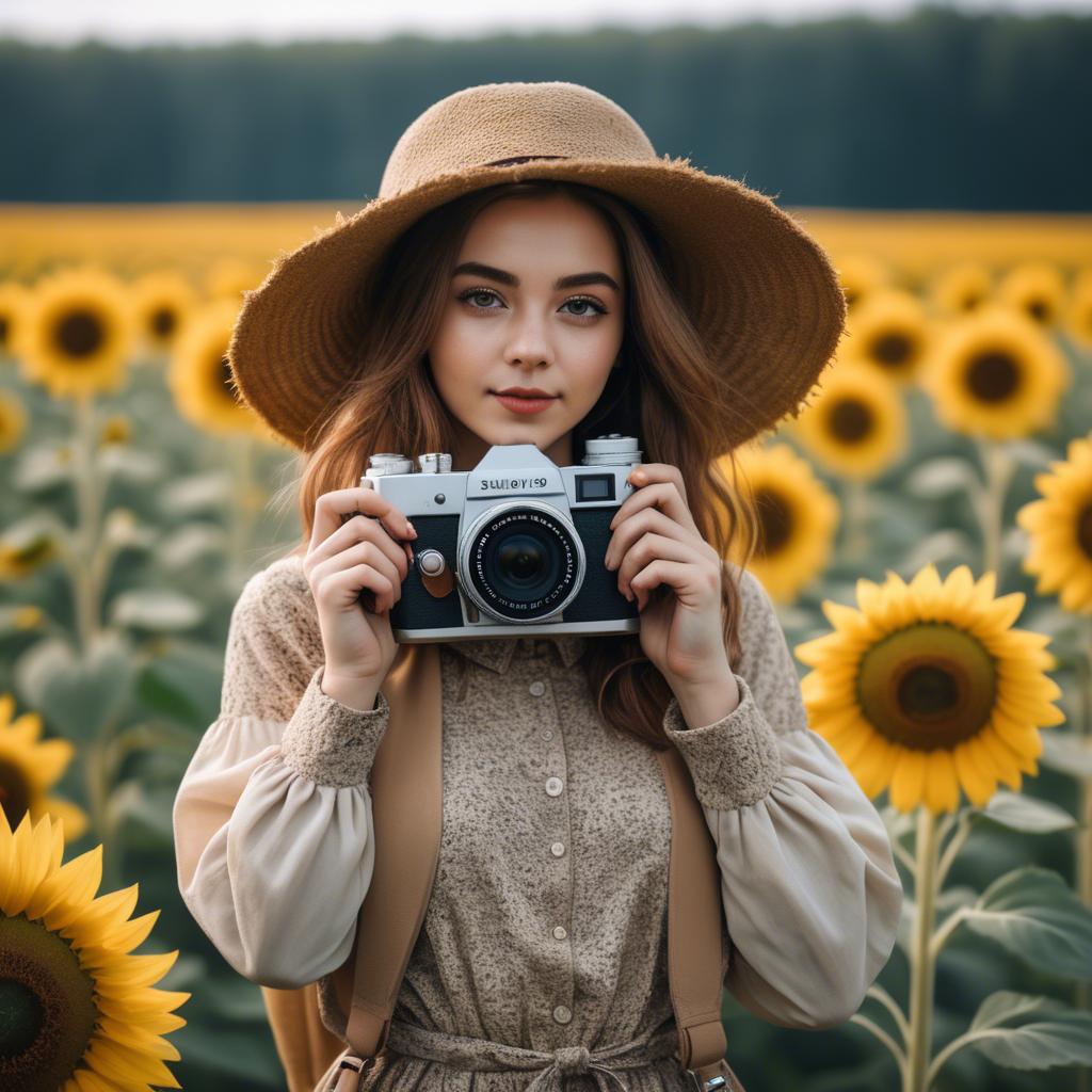 A stunning image of stylish young lady with a camera in a sunflower field.