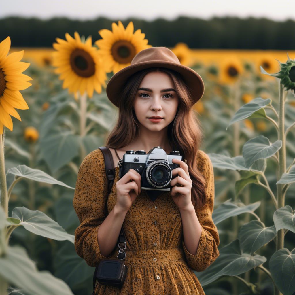 A stunning image of stylish young lady with a camera in a sunflower field.