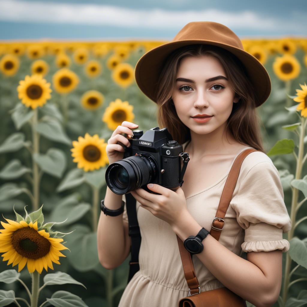 A stunning image of stylish young lady with a camera in a sunflower field.