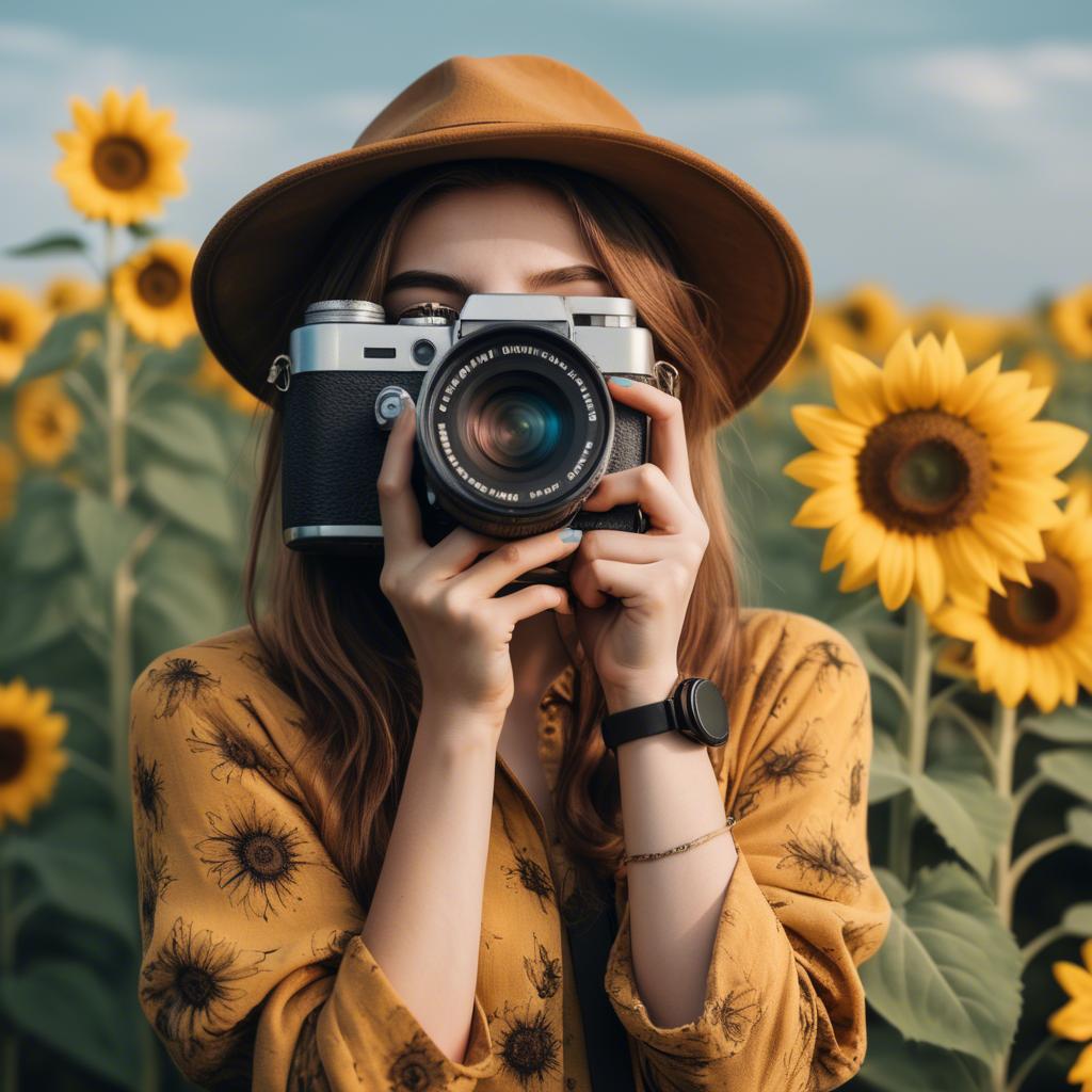 A stunning image of stylish young lady with a camera in a sunflower field.
