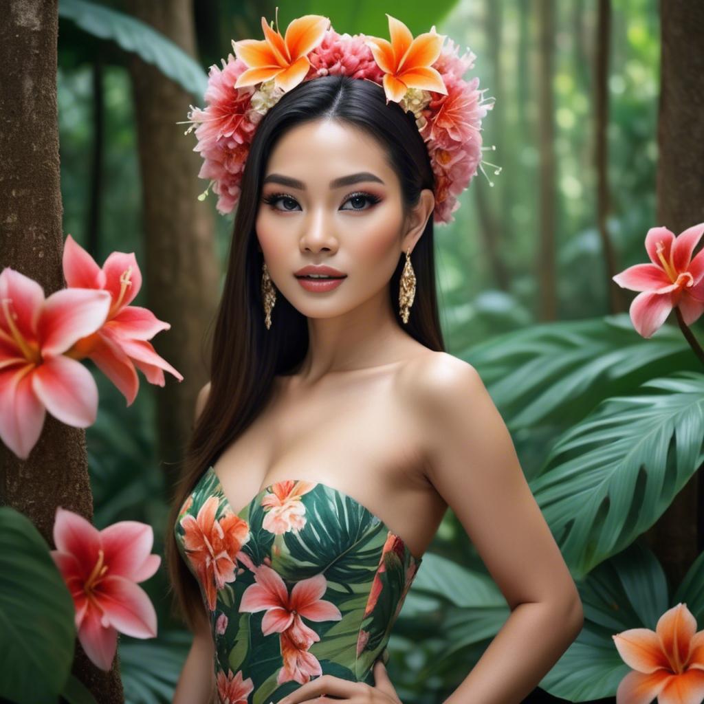 A stunning image of thai beauty in a flower-filled tropical forest.