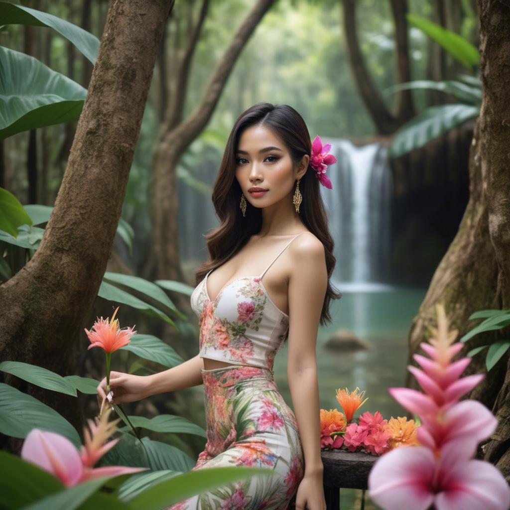 A stunning image of thai beauty in a flower-filled tropical forest.