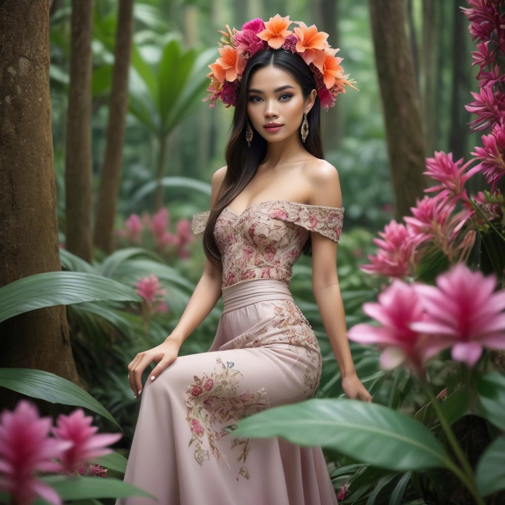 A stunning image of thai beauty in a flower-filled tropical forest.