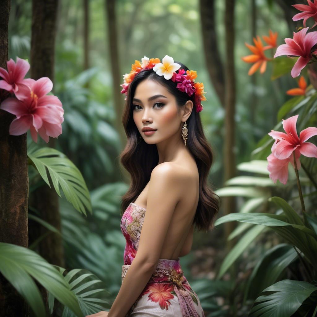 A stunning image of thai beauty in a flower-filled tropical forest.