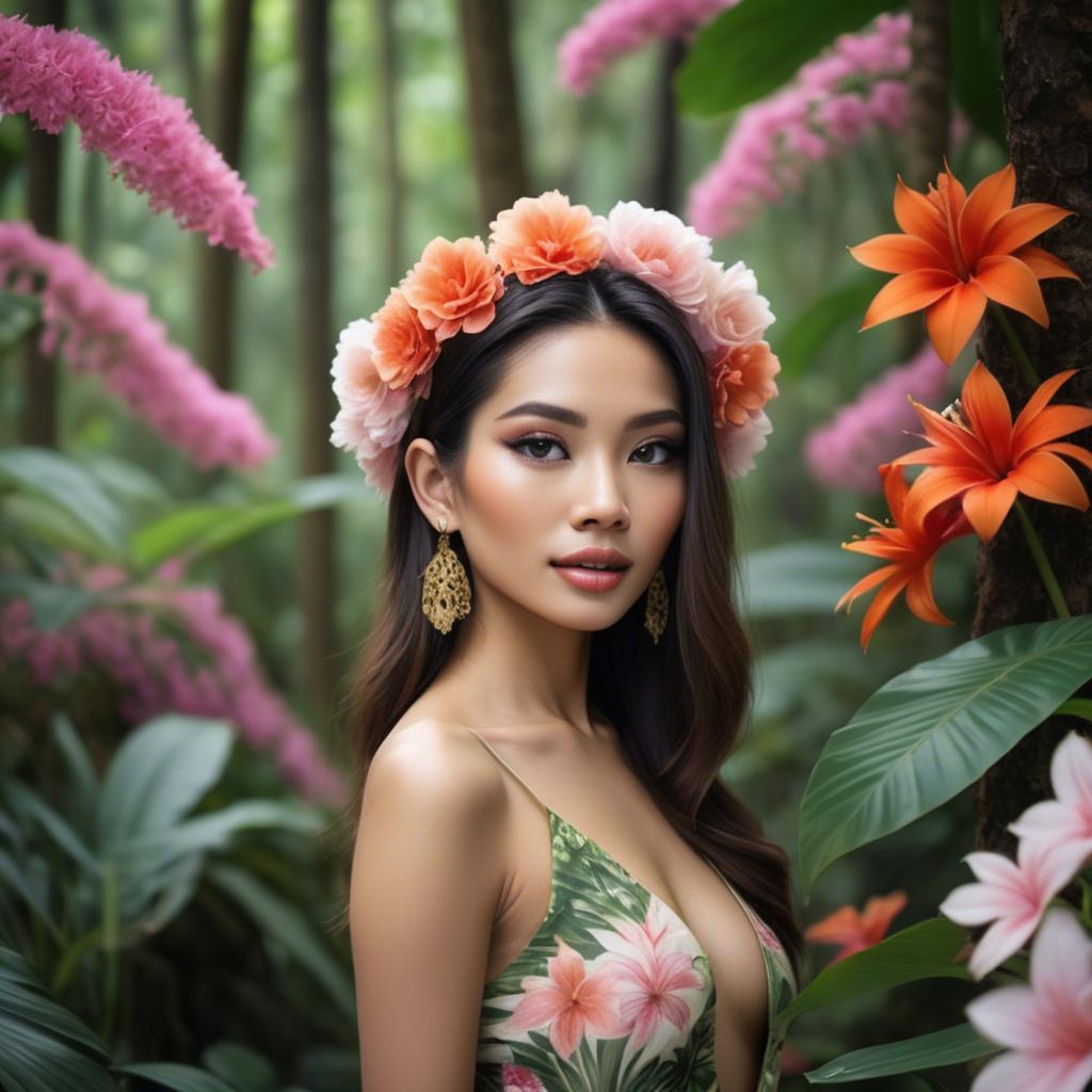 A stunning image of thai beauty in a flower-filled tropical forest.