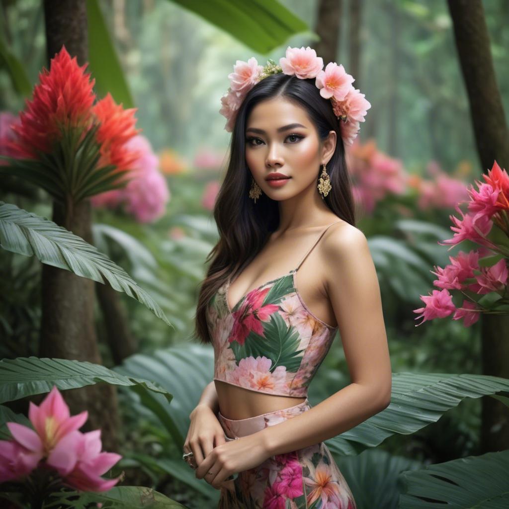 A stunning image of thai beauty in a flower-filled tropical forest.