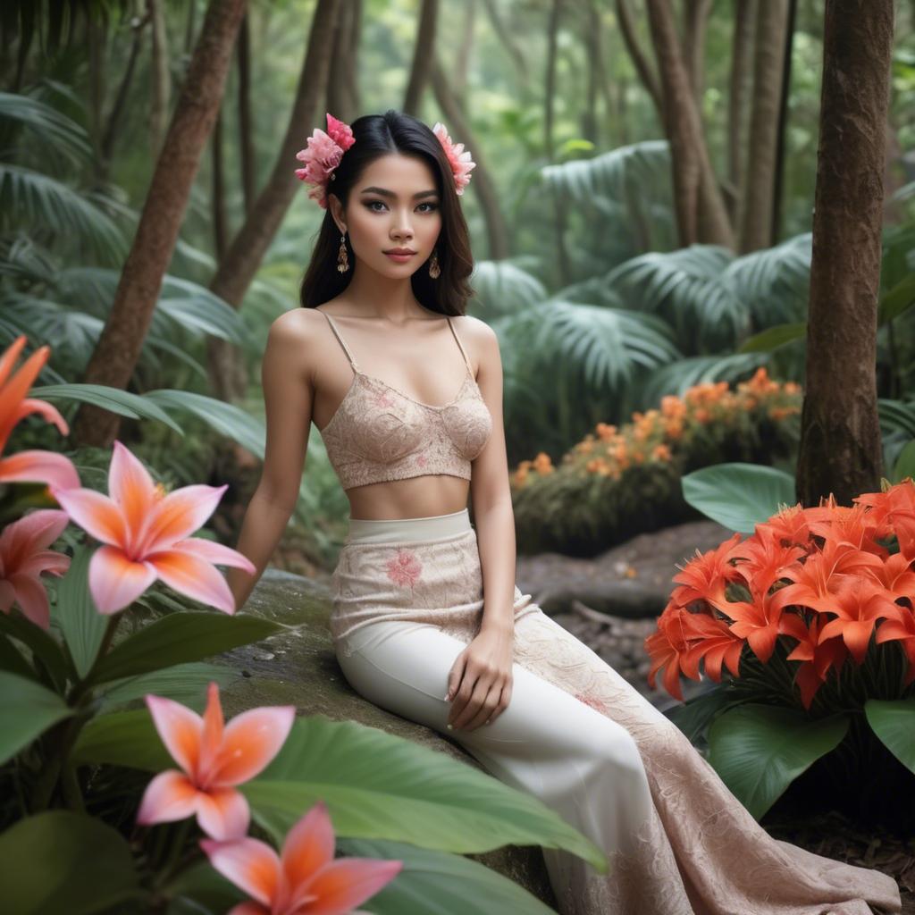 A stunning image of thai beauty in a flower-filled tropical forest.