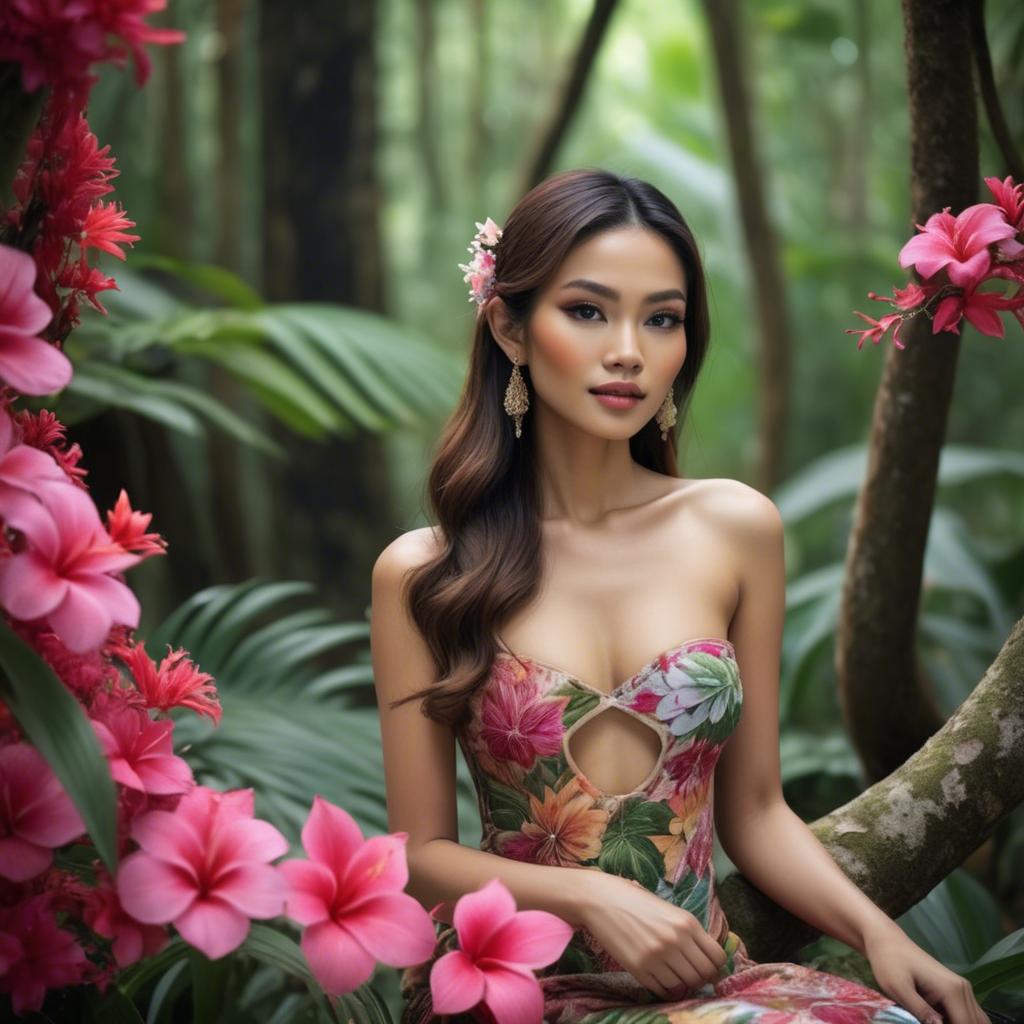 A stunning image of thai beauty in a flower-filled tropical forest.