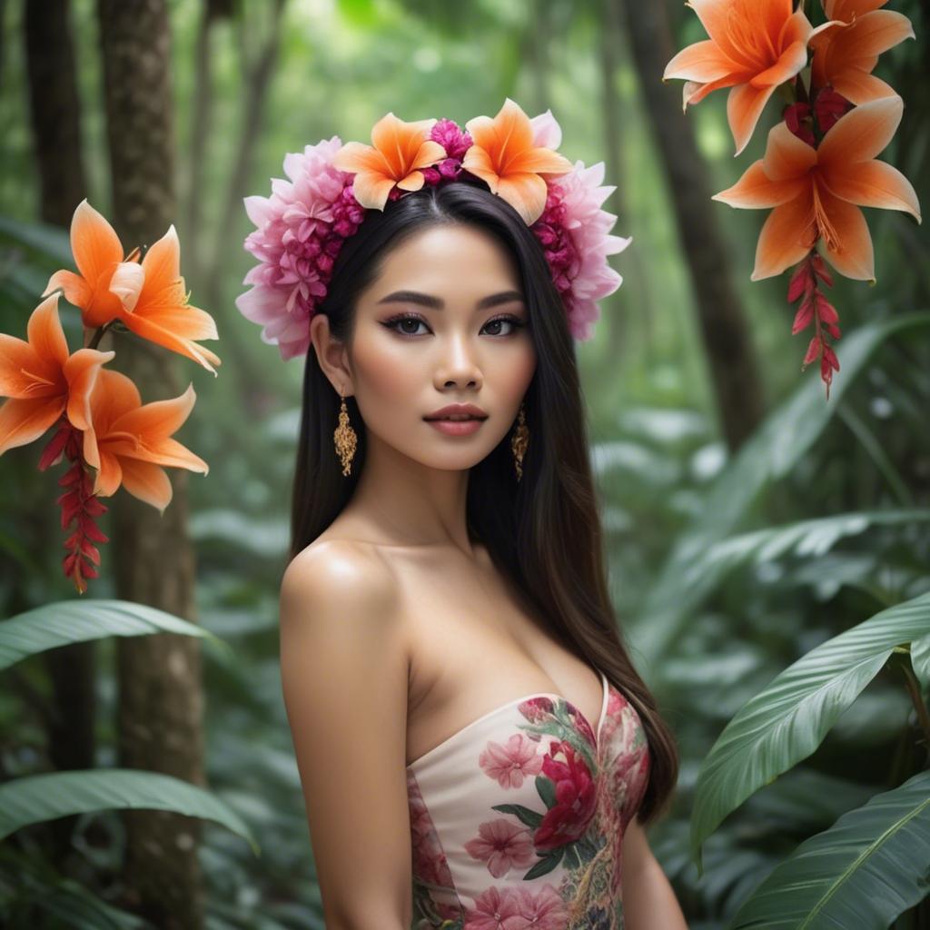 A stunning image of thai beauty in a flower-filled tropical forest.