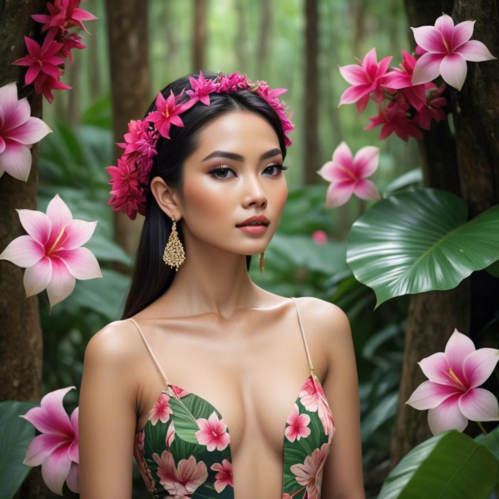 A stunning image of thai beauty in a flower-filled tropical forest.