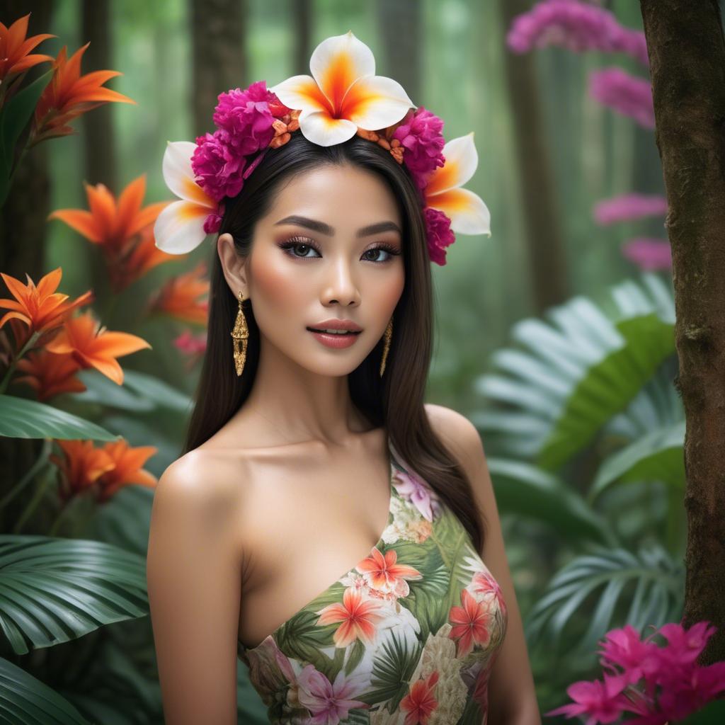 A stunning image of thai beauty in a flower-filled tropical forest.