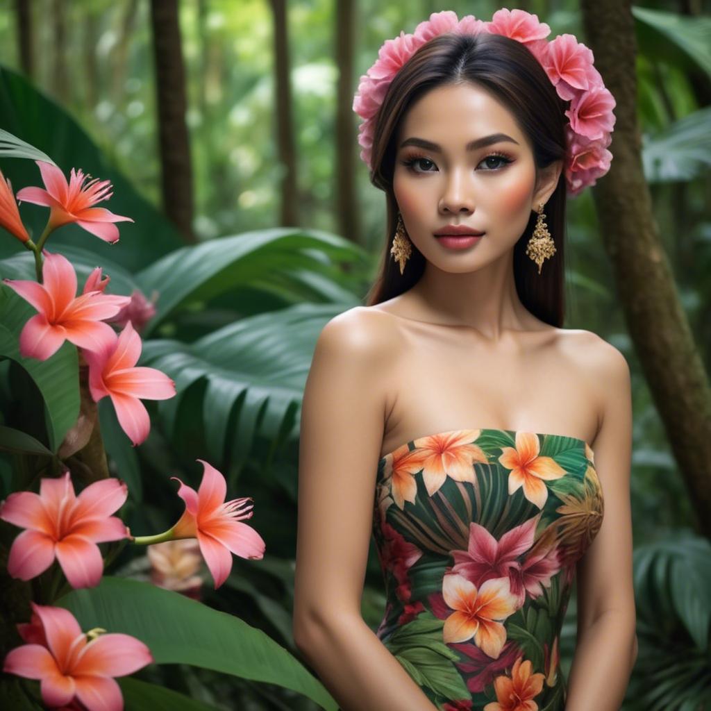 A stunning image of thai beauty in a flower-filled tropical forest.