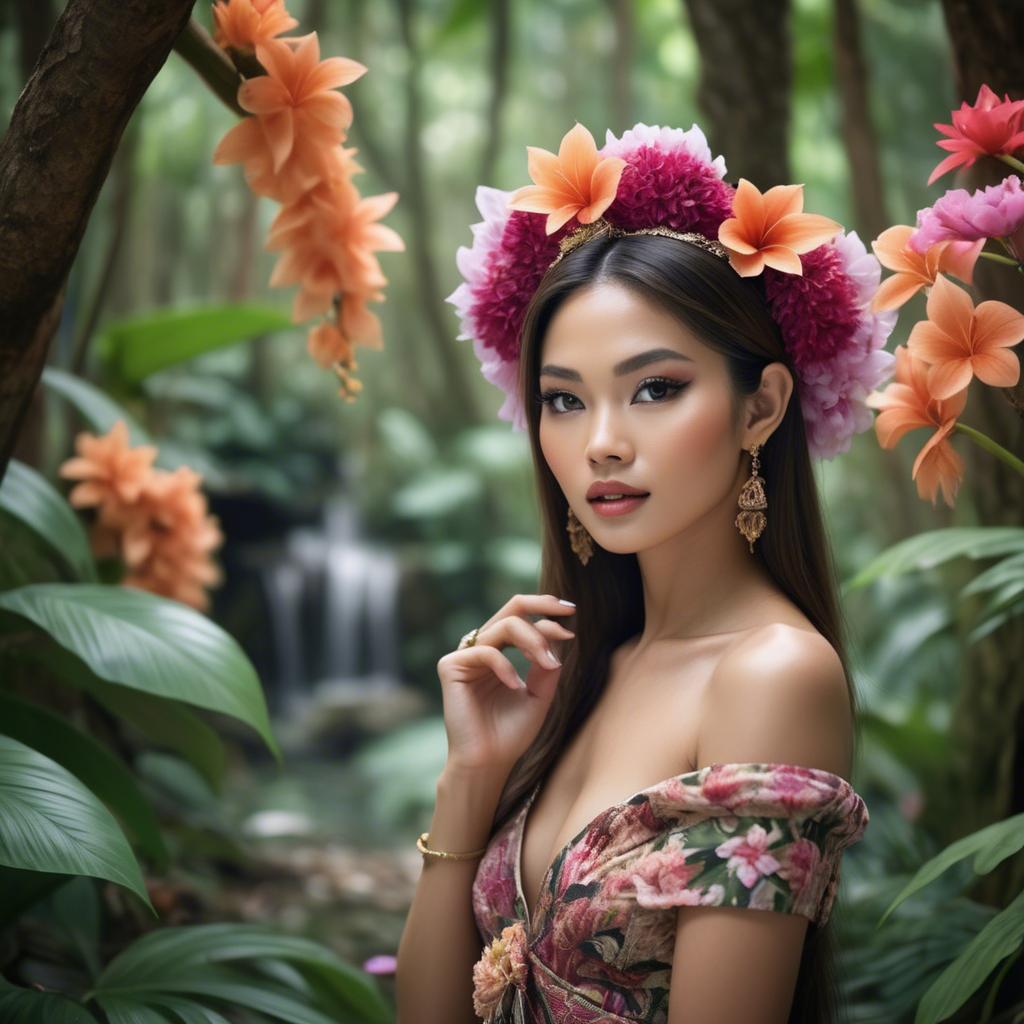 A stunning image of thai beauty in a flower-filled tropical forest.