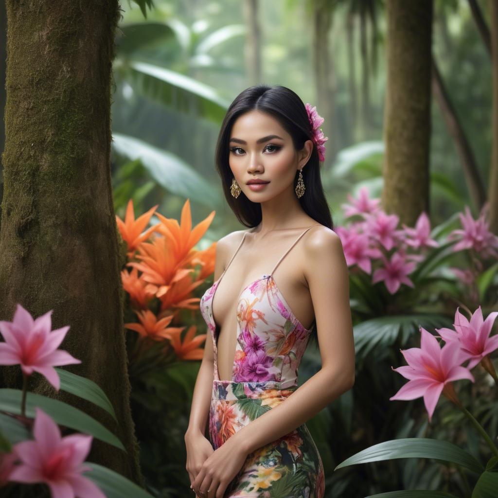A stunning image of thai beauty in a flower-filled tropical forest.