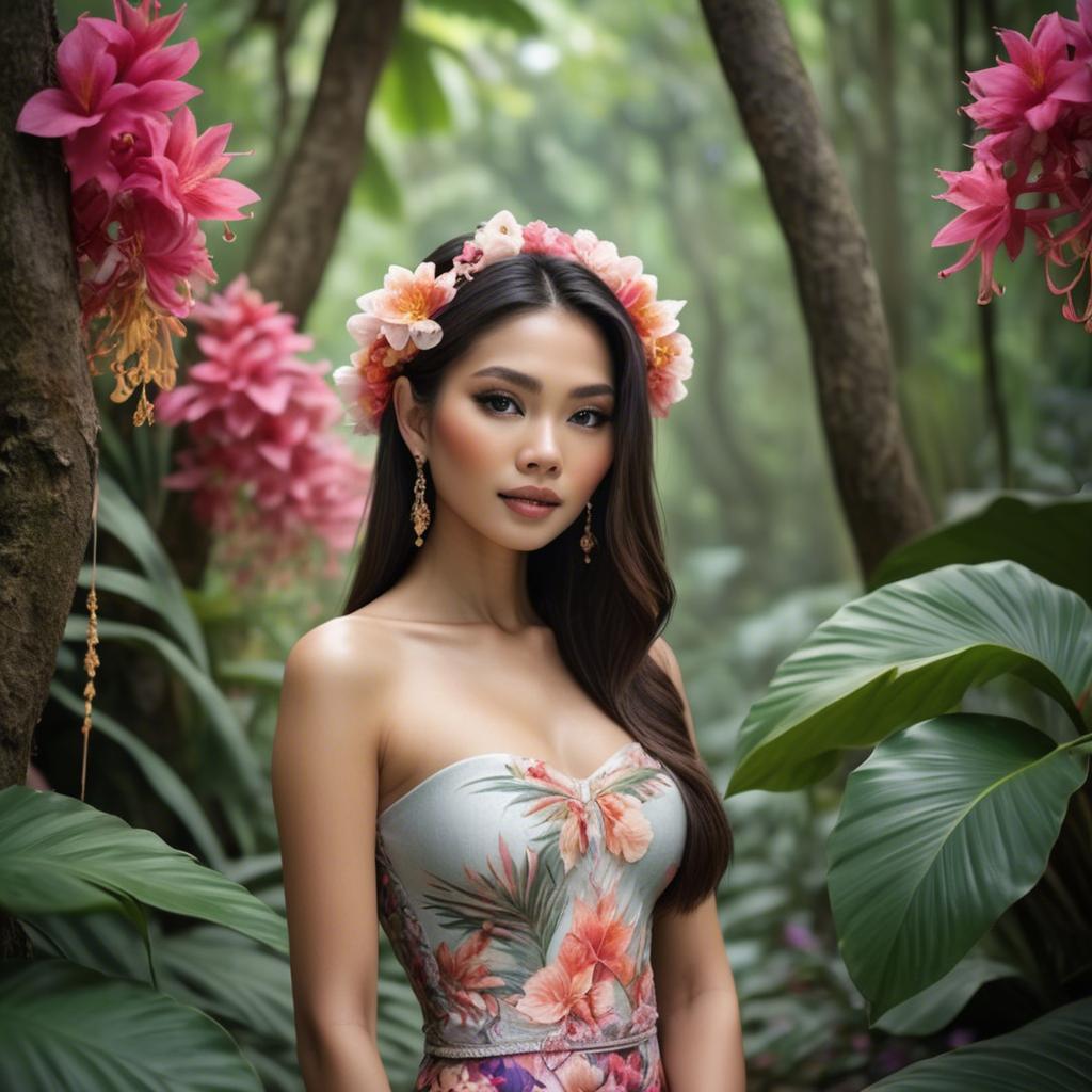 A stunning image of thai beauty in a flower-filled tropical forest.