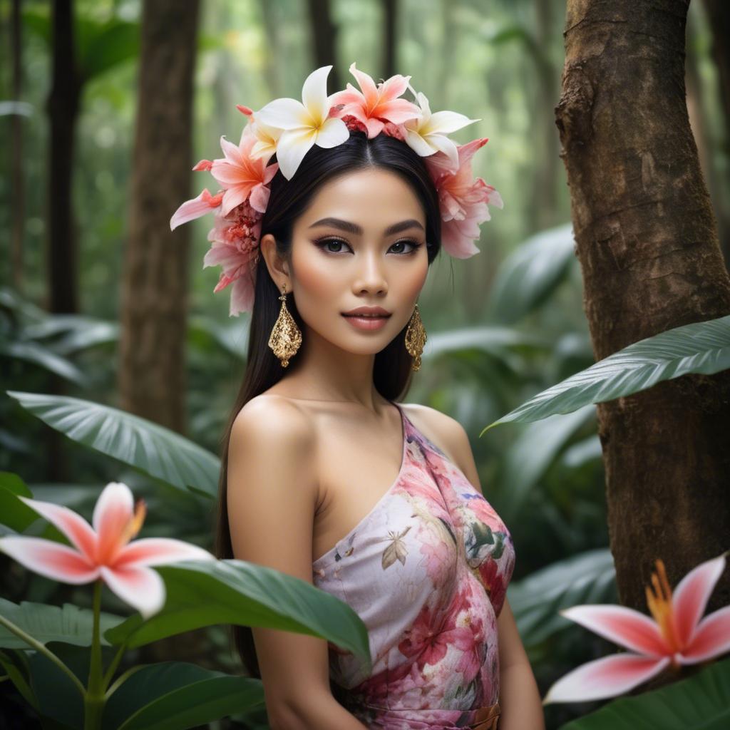 A stunning image of thai beauty in a flower-filled tropical forest.