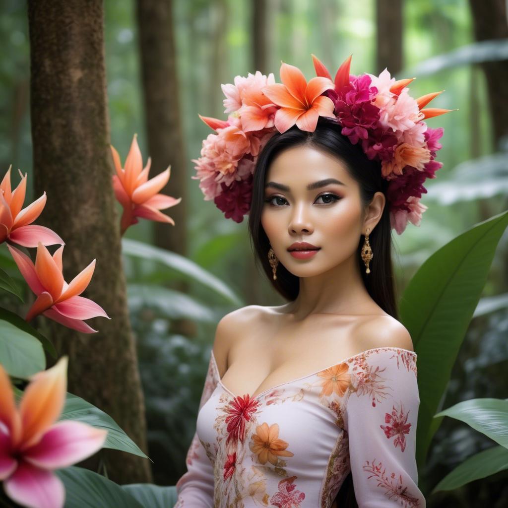 A stunning image of thai beauty in a flower-filled tropical forest.
