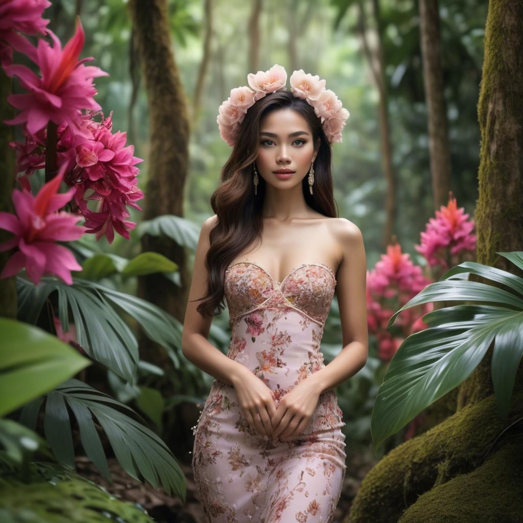 A stunning image of thai beauty in a flower-filled tropical forest.