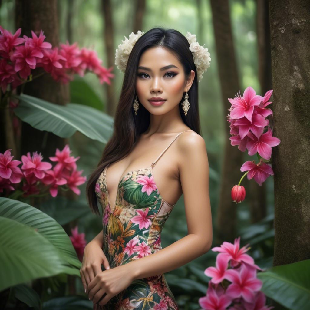 A stunning image of thai beauty in a flower-filled tropical forest.