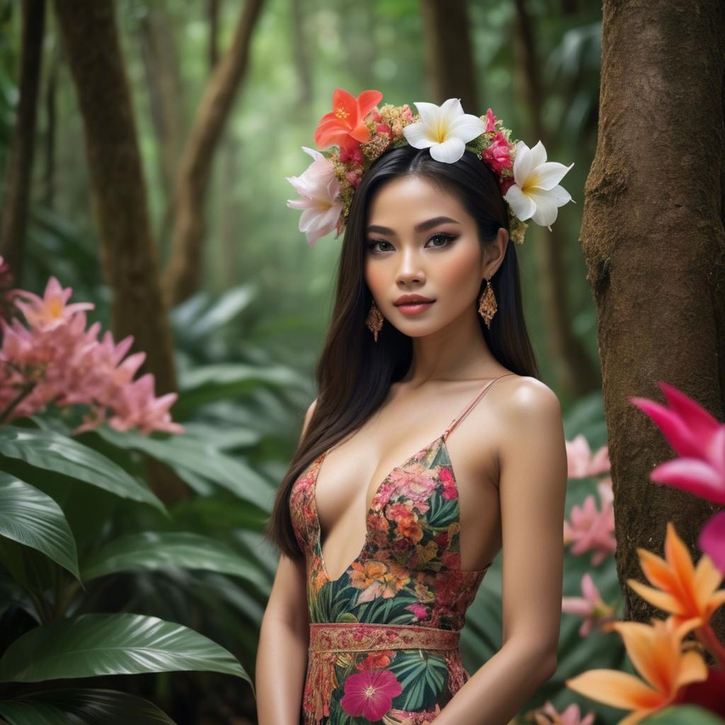A stunning image of thai beauty in a flower-filled tropical forest.
