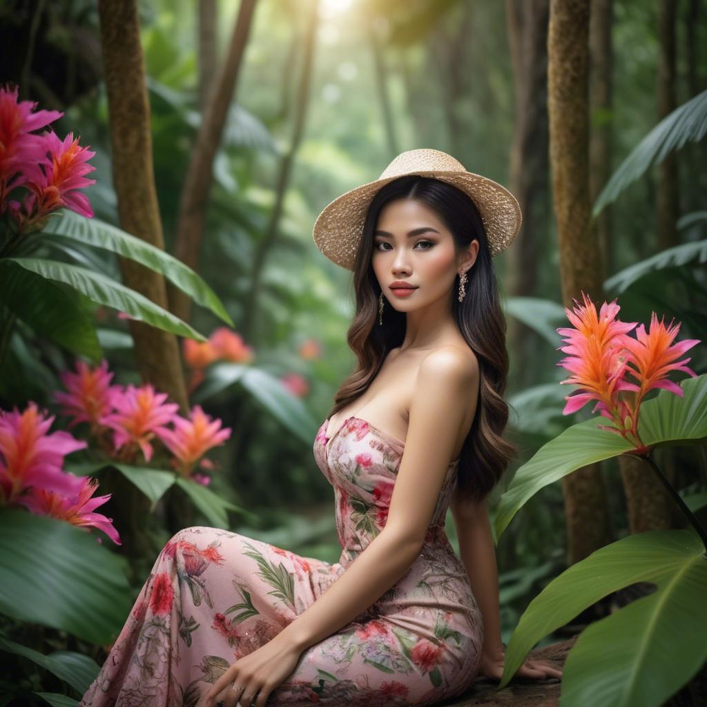 A stunning image of thai beauty in a flower-filled tropical forest.