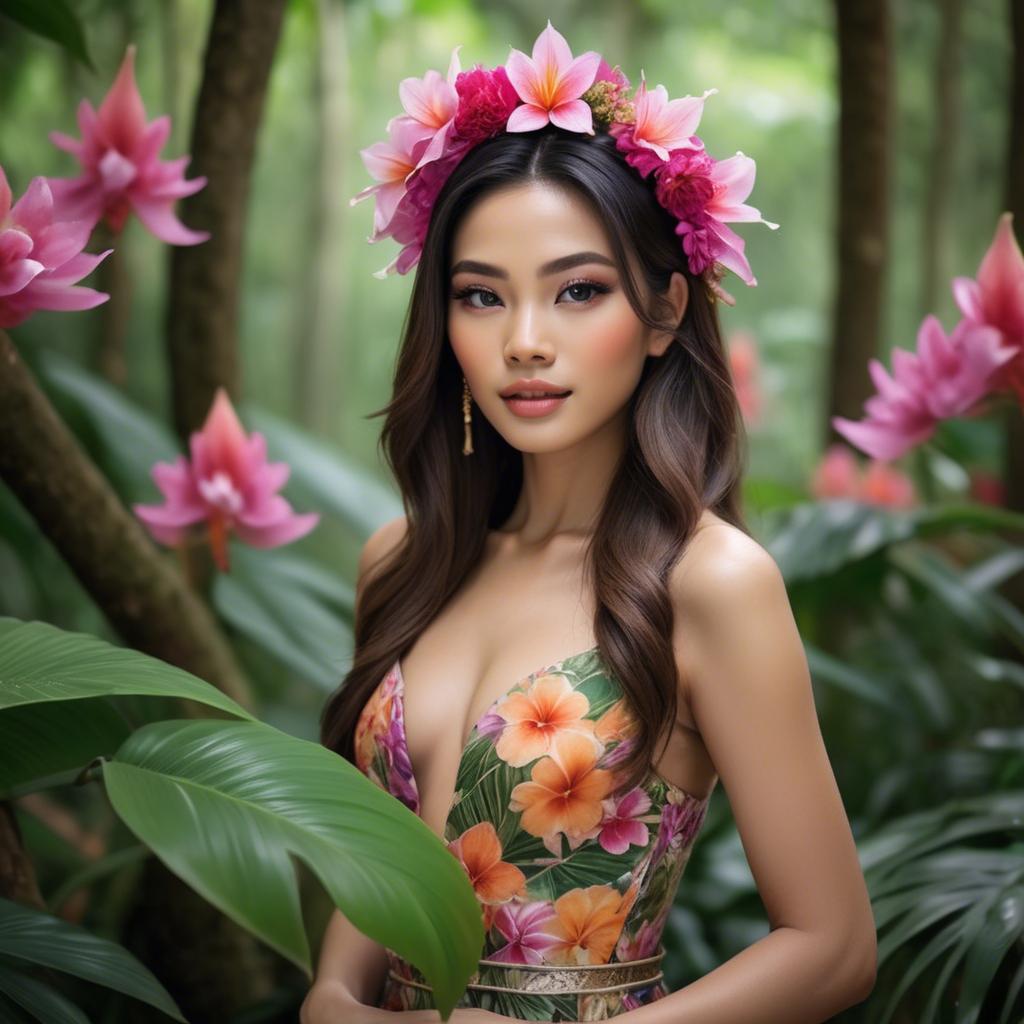 A stunning image of thai beauty in a flower-filled tropical forest.
