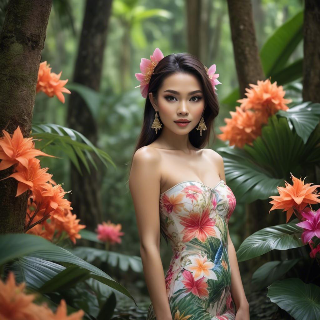 A stunning image of thai beauty in a flower-filled tropical forest.