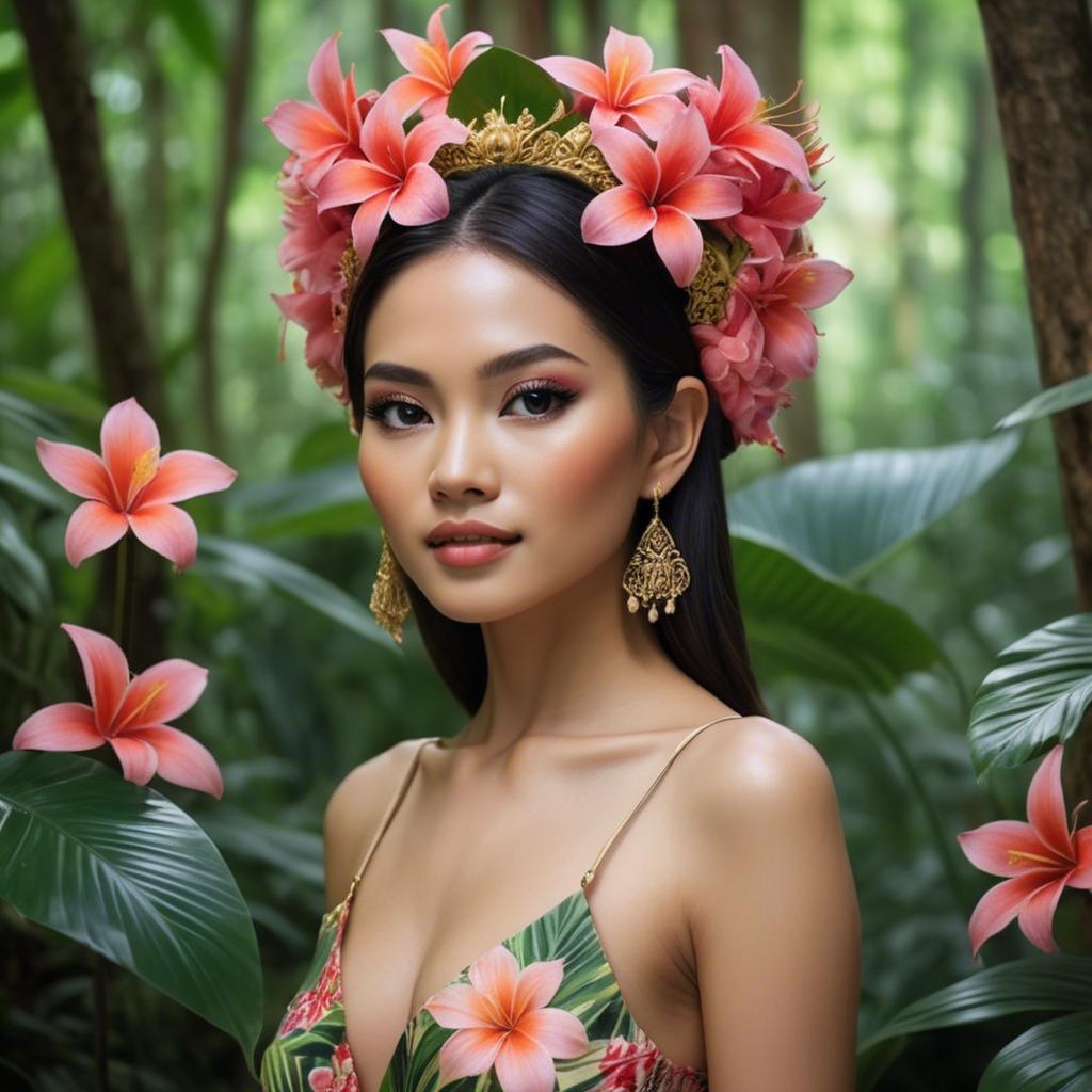 A stunning image of thai beauty in a flower-filled tropical forest.