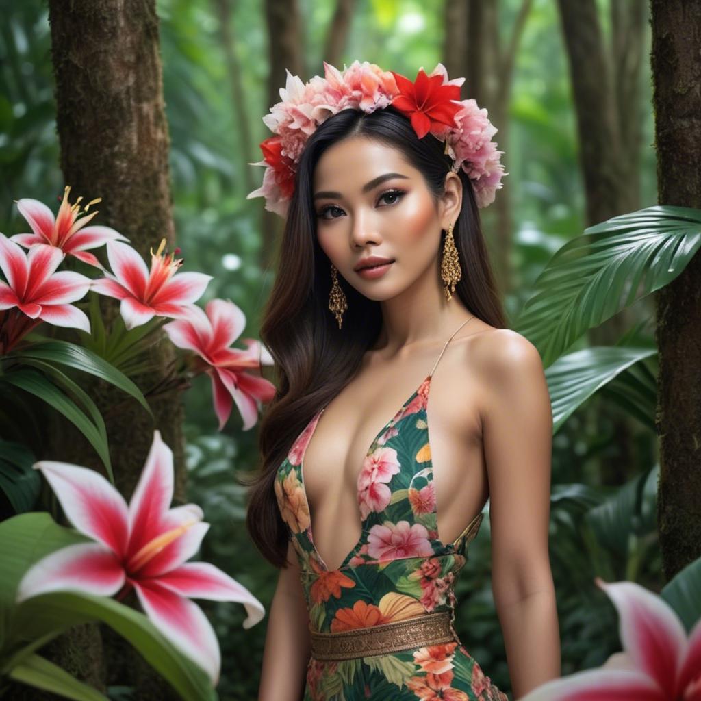 A stunning image of thai beauty in a flower-filled tropical forest.